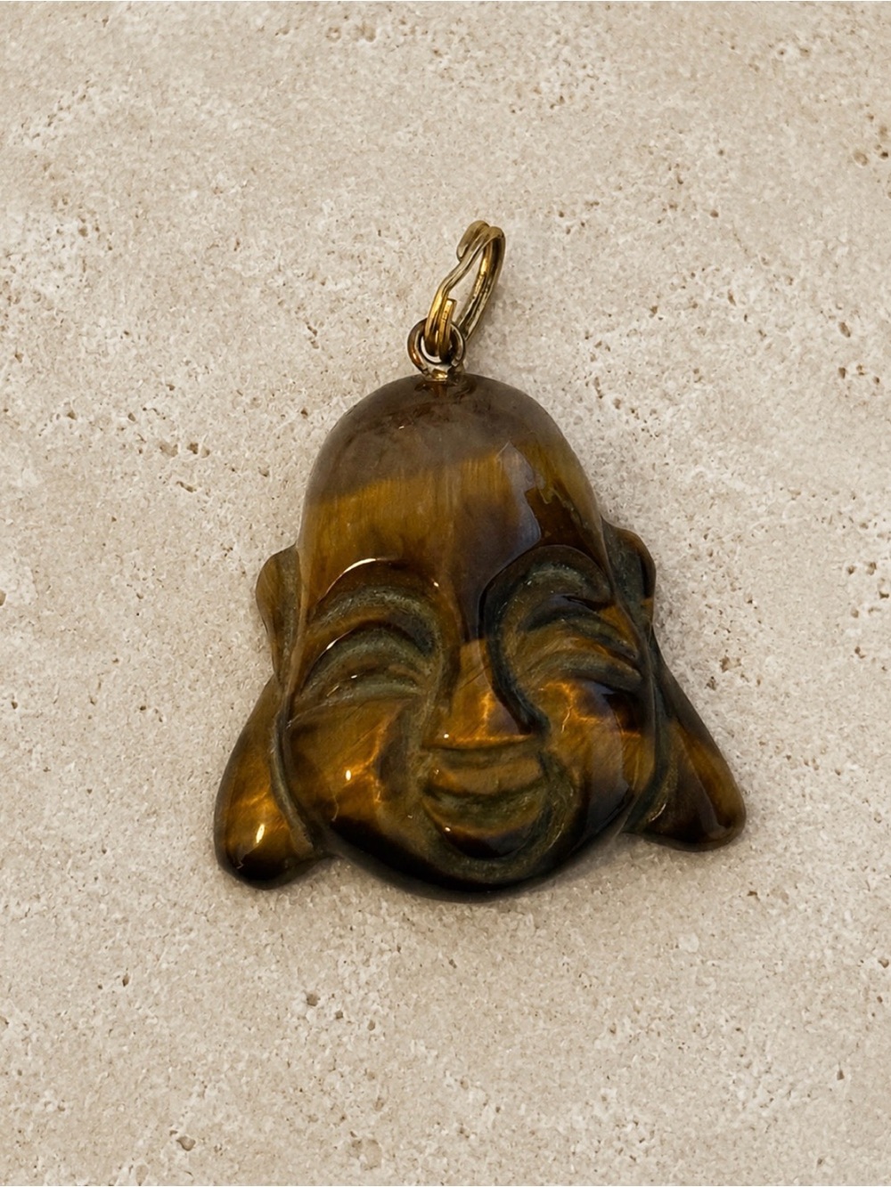 Laughing Buddha Head Carved Tiger's Eye Pendant